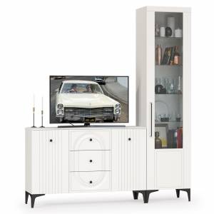 Пенал со стеклом и комод-ТВ-тумба Валенсия цвет белый шагрень