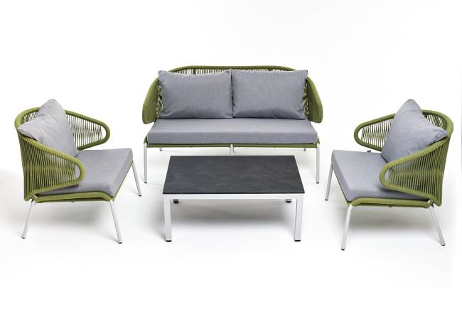"Милан" лаунж-зона 4-местная плетеная из роупа (веревки), каркас алюминиевый светло-серый, роуп салатовый меланж "Милан" лаунж-зона 4-местная плетеная из роупа (веревки), каркас алюминиевый светло-серый, роуп салатовый меланж