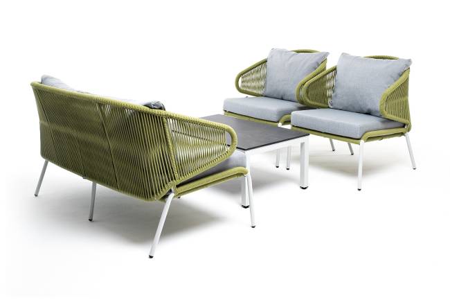 "Милан" лаунж-зона 4-местная плетеная из роупа (веревки), каркас алюминиевый светло-серый, роуп салатовый меланж "Милан" лаунж-зона 4-местная плетеная из роупа (веревки), каркас алюминиевый светло-серый, роуп салатовый меланж