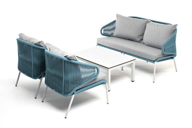 "Милан" лаунж-зона 4-местная плетеная из роупа (веревки), каркас алюминиевый белый, роуп бежевый "Милан" лаунж-зона 4-местная плетеная из роупа (веревки), каркас алюминиевый белый, роуп бежевый