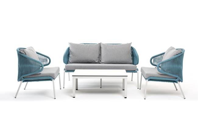 "Милан" лаунж-зона 4-местная плетеная из роупа (веревки), каркас алюминиевый белый, роуп бежевый "Милан" лаунж-зона 4-местная плетеная из роупа (веревки), каркас алюминиевый белый, роуп бежевый