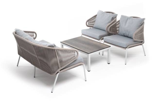 "Милан" лаунж-зона 4-местная плетеная из роупа (веревки), каркас алюминиевый белый, роуп бежевый "Милан" лаунж-зона 4-местная плетеная из роупа (веревки), каркас алюминиевый белый, роуп бежевый