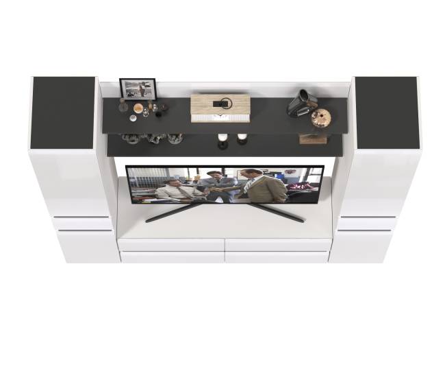 Два пенала с ящиком с двумя полочками и ТВ-тумбой Сидней цвет белый/чёрный/МДФ белый глянец Два пенала с ящиком с двумя полочками и ТВ-тумбой Сидней цвет белый/чёрный/МДФ белый глянец