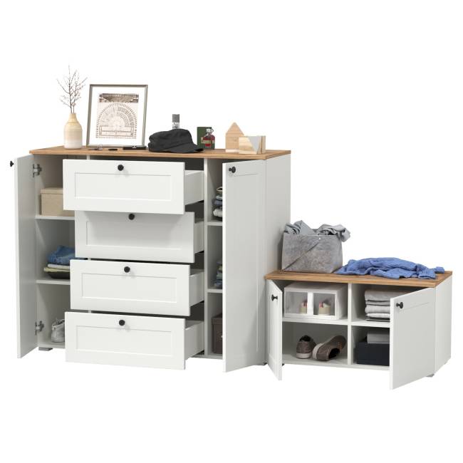 Комод Остин 16.221 с тумбой две дверки цвет белый шагрень/дуб крафт золотой