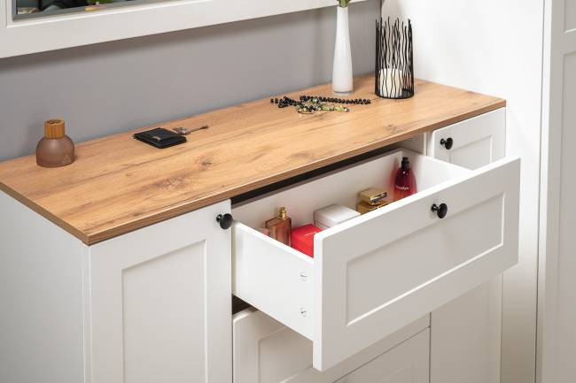 Комод Остин 16.221 с тумбой две дверки цвет белый шагрень/дуб крафт золотой