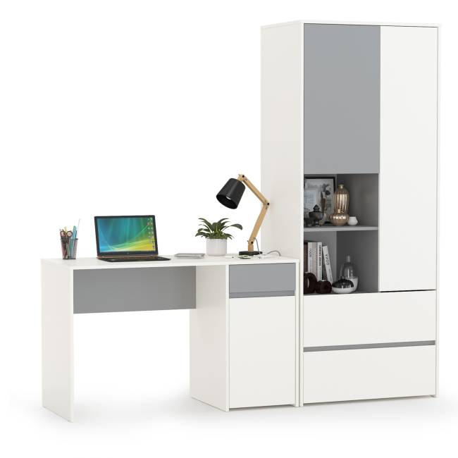 Стол рабочий со шкафом для одежды Торонто цвет белый шагрень/стальной серый
