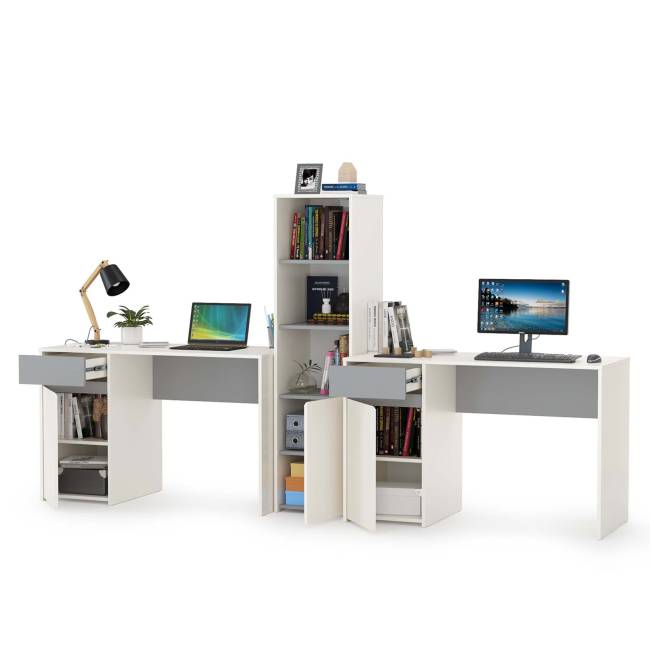 Два письменных стола и открытый стеллаж Торонто цвет белый шагрень/стальной серый