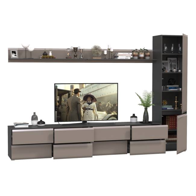 Две тумбы для телевизора с двумя верхними полочками и шкаф с дверками Сидней цвет антрацит/МДФ веллюто капучино