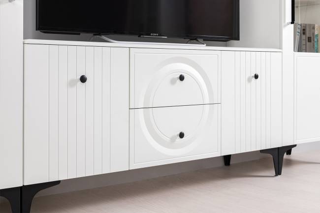 Две тумбы под ТВ с двумя полками Валенсия цвет белый шагрень Две тумбы под ТВ с двумя полками Валенсия цвет белый шагрень