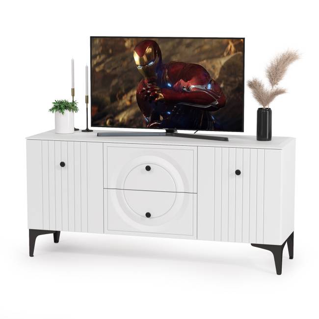 Две тумбы под ТВ с двумя полками Валенсия цвет белый шагрень Две тумбы под ТВ с двумя полками Валенсия цвет белый шагрень