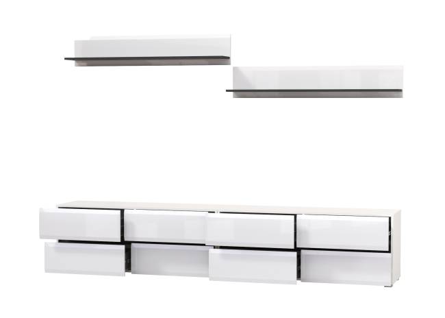 Большая ТВ-тумба Сидней с двумя навесными полочками цвет белый/чёрный/МДФ белый глянец Большая ТВ-тумба Сидней с двумя навесными полочками цвет белый/чёрный/МДФ белый глянец