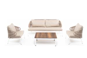 "Милан" лаунж-зона 5-местная плетеная из роупа (веревки), каркас алюминиевый белый, роуп бежевый "Милан" лаунж-зона 5-местная плетеная из роупа (веревки), каркас алюминиевый белый, роуп бежевый